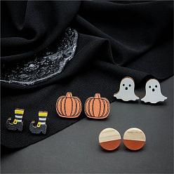 Mixed Color Halloween Pumpkin Ghost Boot Wood Stud Earring Sets, Resin & Wood Flat Round Ear Studs for Women, Mixed Color, 15~19x12~20mm, 4pairs/set