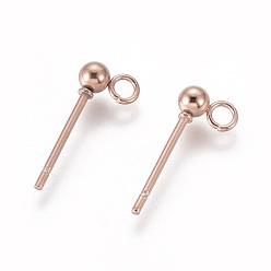 Oro Rosa 304 poste de acero inoxidable para pendientes de bola, fornituras de aretes, con bucle, rondo, oro rosa, 14x3 mm, agujero: 2 mm, pin: 0.8 mm, ronda: 3 mm