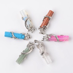 Mixed Stone Tube Natural & Synthetic Mixed Stone Pendants, with Dragon Brass Findings, Platinum, 48x15x10mm, Hole: 7x5mm