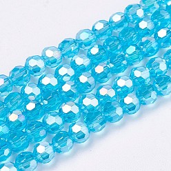 Sky Blue Electroplate Glass Beads Strands, AB Color Plated, Faceted, Round, Sky Blue, 3.5~4.5mm, Hole: 0.5mm, about 100pcs/strand, 13.9~15.7 inch(35.5~40cm)