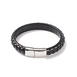 Stainless Steel Color Leather Braided Cord Bracelets, with 304 Stainless Steel Magnetic Clasps, Black, Stainless Steel Color, 8-7/8 inch(22.5cm), 11.5mm