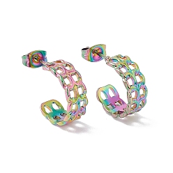 Rainbow Color Chapado de iones (ip) 304 cadenas de bordillo de acero inoxidable envuelven aretes de botón, pendientes de medio aro para mujer, color del arco iris, 15.5x6 mm, pin: 0.7 mm