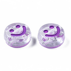 Dark Violet Transparent Acrylic Beads, Horizontal Hole, with Glitter Powder & Enamel, Flat Round with Smile Face, Dark Violet, 10x5mm, Hole: 2mm, about 1600pcs/500g