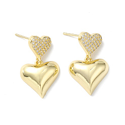 Real 18K Gold Plated Clear Cubic Zirconia Heart Dangle Stud Earrings, Rack Plating Brass Jewelry for Women, Lead Free & Cadmium Free, Real 18K Gold Plated, 25.5mm, Pin: 0.7mm