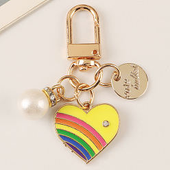 Yellow Alloy Enamel Pendant Keychain, with Alloy Swivel Clasps, Plastic Imitation Pearl Beads and Rhinestone, Heart & Flat Round with Word, Yellow, 2.3cm