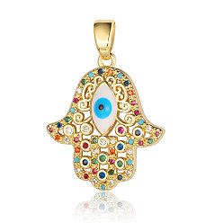 Real 18K Gold Plated Brass Micro Pave Cubic Zirconia Pendants, Hamsa Hand with Evil Eye Charms, Real 18K Gold Plated, 24x20x3.8mm