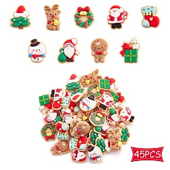 Mixed Color 45Pcs 9 Styles Christmas Theme Opaque Resin Cabochons, Snowman & Reindeer & Santa Claus & Christmas Tree & Wreath & Stocking & Gingerbread Man, Mixed Shapes, Mixed Color, 23~27x18~24mm, about 5pcs/style