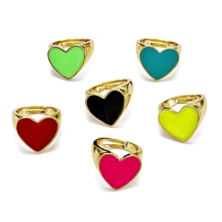 Mixed Color Adjustable Brass Enamel Finger Rings, Heart, Real 18K Gold Plated, Mixed Color, US Size 7 1/2(17.7mm)