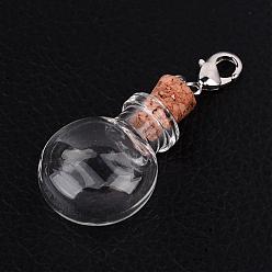 Platinum Flat Round Glass Wishing Bottle Pendants, with Iron Findings and Brass Lobster Claw Clasps, Platinum, 47mm, Bottle Capacity: 1.2ml(0.04 fl. oz)