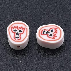 Red Handmade Polymer Clay Beads, Oval with Mask Pattern, Red, 10x8.5x4.5mm, Hole: 1.6mm