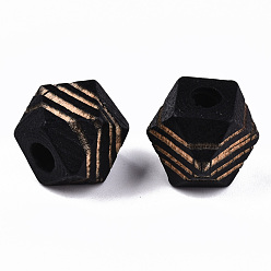 Noir Perles de bois naturel peintes, motif gravé au laser, facette, polygone avec bande zébrée, noir, 12x12x12mm, Trou: 3mm
