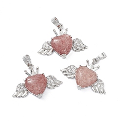 Strawberry Quartz Natural Strawberry Quartz Pendants, Heart Charms with Wings & Crown, with Platinum Tone Brass Crystal Rhinestone Findings, 26x35.5x8mm, Hole: 8x5mm