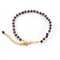 Améthyste Bracelet réglable en perles d'améthyste naturelle avec fermoir à pince de homard, bijoux enveloppés de fil de laiton pour femmes, 7-7/8~9-7/8 pouce (20~25 cm)