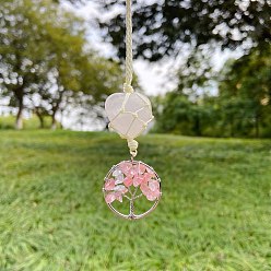 Quartz Cerise Coeur rose quartz cordon tressé pendentif décorations, avec des anneaux de copeaux de verre de quartz cerise, ornements suspendus de voiture, 130x30mm