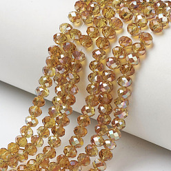 Verge D'or Perles en verre electroplate, demi-plaqué, arc-en-ciel plaqué, facette, rondelle, verge d'or, 4x3mm, Trou: 0.4mm, Environ 123~127 pcs/chapelet, 16.5~16.9 pouce (42~43 cm)