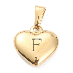 Letter F 304 Stainless Steel Pendants, Heart with Black Letter, Golden, Letter.F, 16x16x4.5mm, Hole: 7x3mm