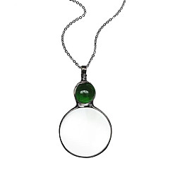 Зеленый Ожерелье с плоским круглым стеклянным увеличительным кулоном для женщин, с кабельными цепями из сплава, зелёные, 31.50 дюйм (80 см)