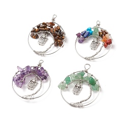 Antique Silver & Platinum Natural & Synthetic Gemstone Pendants, with Owl Alloy Findings and Copper Jewelry Wire Wrapped, Mixed Dyed and Undyed, Flat Round with Tree of Life, Antique Silver & Platinum, 47~49x39~40x6.5~9mm, Hole: 2.5~4mm