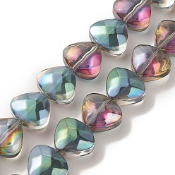 Cyan Foncé Brins de perles de verre de galvanoplastie transparentes, demi arc-en-ciel plaqué, cœur, dark cyan, 12x13x7mm, Trou: 1mm, Environ 55 pcs/chapelet, 25.51'' (64.8 cm)