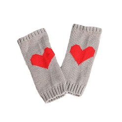 Light Grey Polyacrylonitrile Fiber Yarn Knitting Fingerless Gloves, Two Tone Winter Warm Gloves with Thumb Hole, Heart Pattern, Light Grey & Red, 190x70mm