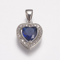 Platinum Brass Micro Pave Cubic Zirconia Charms, Heart, Marine Blue, Platinum, 14x12x5mm, Hole: 3x5mm