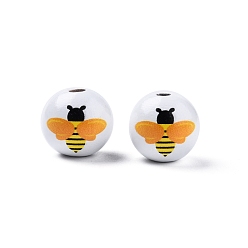 Bees Bees Theme Printed Wooden Beads, Round, Gold, Bees Pattern, 15.5~16x15mm, Hole: 3.5mm