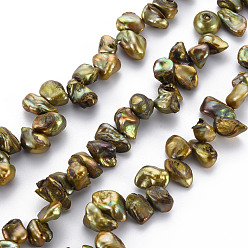 Olive Natural Keshi Pearl Beads Strands, Cultured Freshwater Pearl, Dyed, Nuggets, Olive, 8~17x6~12x3~7mm, Hole: 0.5mm, about 57~66pcs/strand, 14.96 inch(38cm)