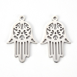 Stainless Steel Color 201 Stainless Steel Pendants, Laser Cut, Hamsa Hand/Hand of Fatima/Hand of Miriam, Stainless Steel Color, 31x19.5x1mm, Hole: 1.8mm