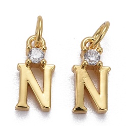 Letter N Brass Micro Pave Clear Cubic Zirconia Pendants, with Jump Rings, Real 18K Gold Plated, Long-Lasting Plated, Letter, Letter.N, 9.5x4.5x2mm