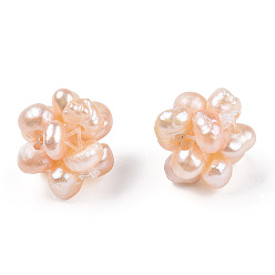 Melocotón de Soplo Perlas redondas naturales de perlas cultivadas de agua dulce, bolas de racimo de bolas hechas a mano, peachpuff, 10~11 mm, agujero: 0.5 mm