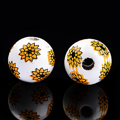 Or Perles de bois peintes par pulvérisation, perles imprimées, ronde avec des fleurs, or, 15~16x14~15mm, Trou: 3~4mm