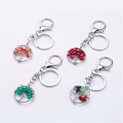 Mixed Stone Mixed Stone Keychain, with Alloy Lobster Clasps, Iron Ring and Brass Findings, Flat Round with Tree, Platinum, 95mm