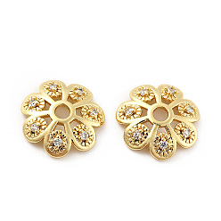 Golden Brass Micro Pave Clear Cubic Zirconia Bead Caps, Cadmium Free & Lead Free, Multi-Petal, Flower, Golden, 12x3mm, Hole: 2mm