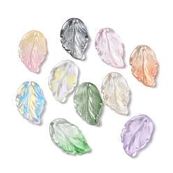 Mixed Color Dyed & Heated Glass Pendants, Feather Leaf, Mixed Color, 28x17x3.5mm, Hole: 1.2mm