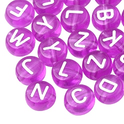Dark Orchid Transparent Acrylic Beads, Flat Round with White Mixed Letters, Dark Orchid, 7x4mm, Hole: 1.5mm, about 1480pcs/200g