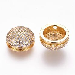 Golden Brass Micro Pave Cubic Zirconia Beads, Half Round/Dome, Golden, 12.5x7mm, Hole: 1.5mm