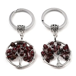 Garnet Natural Garnet Flat Round with Tree of Life Pendant Keychain, with Iron Key Rings and Brass Finding, 6.5cm