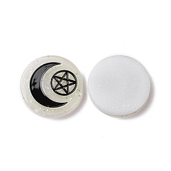 White Resin Cabochons, with Glitter Powder, Flat Round with Moon & Pentagram Pattern, White, 29x5.5mm