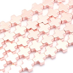 Rose Gold Plated Electroplate Non-magnetic Synthetic Hematite Beads Strands, Grade AA, Long-Lasting Plated, Cross, Rose Gold Plated, 8x8x3mm, Hole: 1mm, about 50pcs/strand, 15.7 inch(40cm)