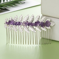 Amethyst Leaf Natural Amethyst Chips Hair Combs, with Iron Combs, Hair Accessories for Women Girls, 45x80x10mm