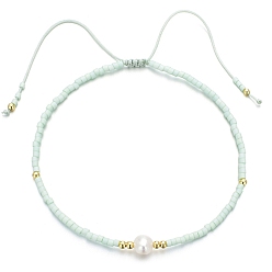 Light Cyan Glass Imitation Pearl & Seed Braided Bead Bracelets, Adjustable Bracelet, Light Cyan, 11 inch(28cm)