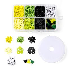 Mixed Color 3 Colors 1155Pcs DIY Ghana Jamaican Theme Stretch Bracelets Making Kits, Including Round Glass Seed Beads, Polymer Clay Heishi Beads, Polycotton Tassel, Acrylic Letter Beads and 8m Elastic Crystal Thread, Mixed Color, 4mm, Hole: 1.5mm