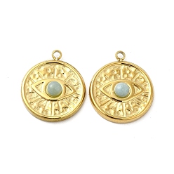 Amazonite Natural Amazonite Pendants, Flat Round Charms with Eye, with Vacuum Plating Real 18K Gold Plated 201 Stainless Steel Findings, 17.5x15x4mm, Hole: 1.4mm