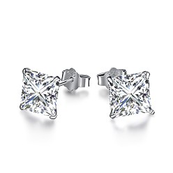 Real Platinum Plated Rhodium Plated 925 Sterling Silver Micro Pave Cubic Zirconia Stud Earrings for Women, with S925 Stamp, Square, Real Platinum Plated, 8x8mm