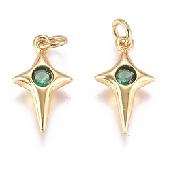 Vert Micro cuivres ouvrent charmes de zircons, avec anneau de saut, plaqué longue durée, étoile scintillante, or, verte, 14x7x2.5mm, Trou: 3mm