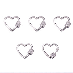Platinum Brass Micro Pave Clear Cubic Zirconia Screw Carabiner Lock Charms, for Necklaces Making, Heart, Platinum, 17.5~18x20x5.5mm, Screw: 5x5.5mm
