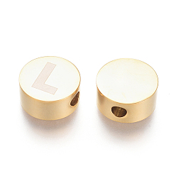 Letter L 304 Stainless Steel Beads, Flat Round with Letter, Letter.L, 10x4.5mm, Hole: 2mm