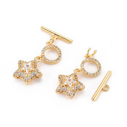 Clear Brass Micro Pave Cubic Zirconia Toggle Clasps, Nickel Free, Star & Bar, Real 18K Gold Plated, Clear, Ring: 10x9x2mm, Bar: 15x4x1.5mm, Hole: 1.5mm~1.8mm