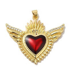 Red Rack Plating Brass Micro Pave Cubic Zirconia with Epoxy Resin Pendants, Cadmium Free & Lead Free, Real 18K Gold Plated, Long-Lasting Plated, Heart with Wing, Red, 37x42x5.5mm, Hole: 3x5mm