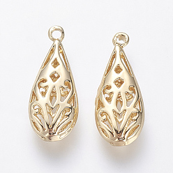 Real 18K Gold Plated Hollow Brass Pendants, Nickel Free, Real 18K Gold Plated, teardrop, Golden, 19.5x8x3.5mm, Hole: 1.5mm